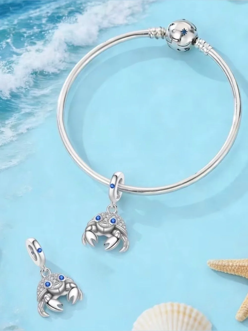 🦀 925 Sterling Silver Blue Crab Dangle Charm CZ Pavé